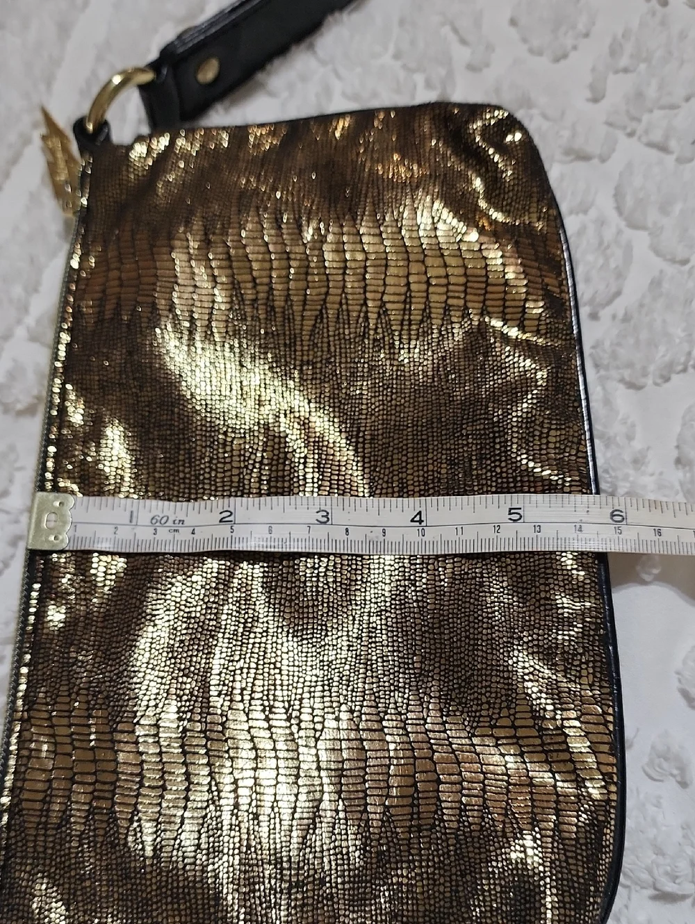 Betsy Johnson Gold Metallic Wristlet Black Trim Betsyville 10x6